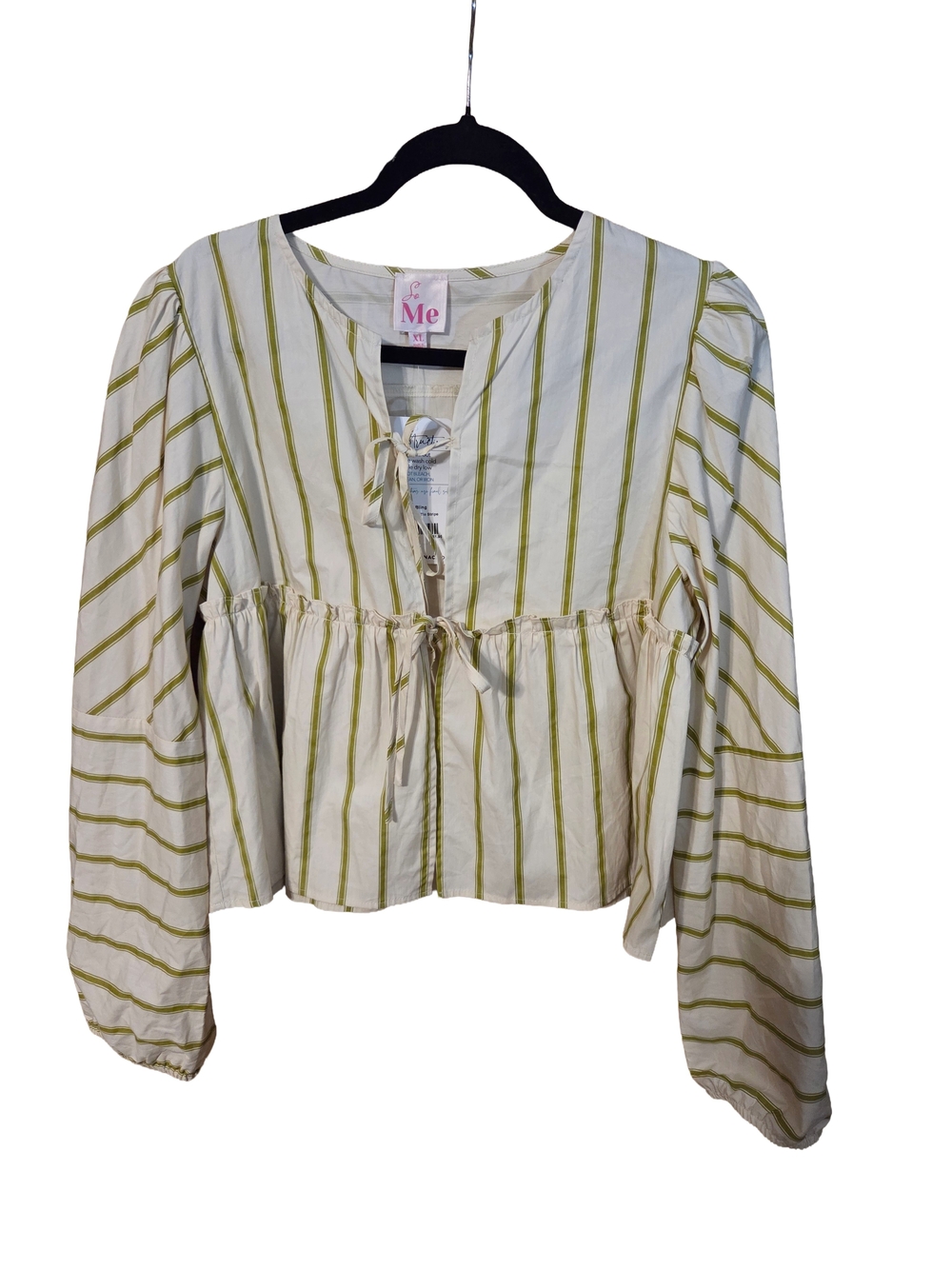 So Me Olive Green & Cream Vertical Striped Tie-Front Cropped Blouse - Size XL